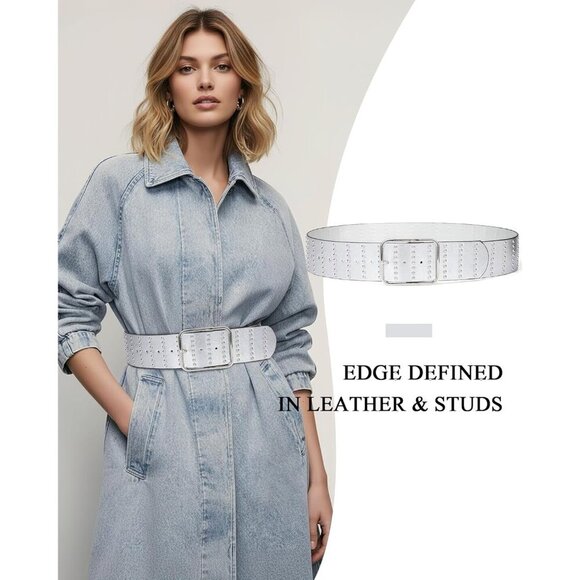 Women\'s Chunky Dress Thick Wide Studded Belts Silver Silver Buckle PU Leather main image 5